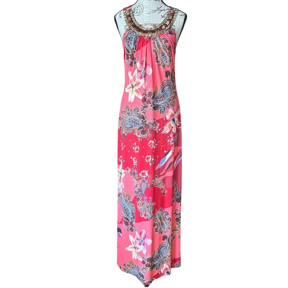 BOSTON PROPER Embellished tropical maxi dress red multicolor size S